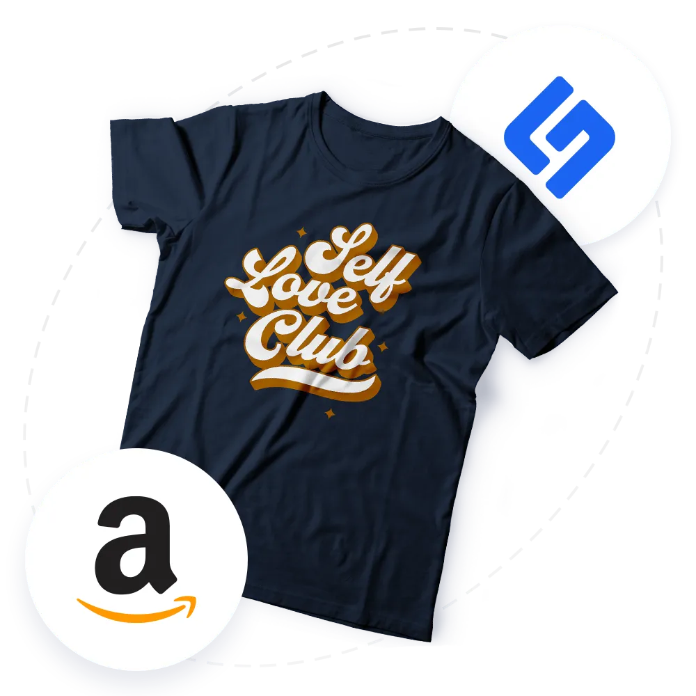 Navy blue T-shirt with 'Self Love Club' in white and gold stylized text, surrounded by Amazon and another logo icons.