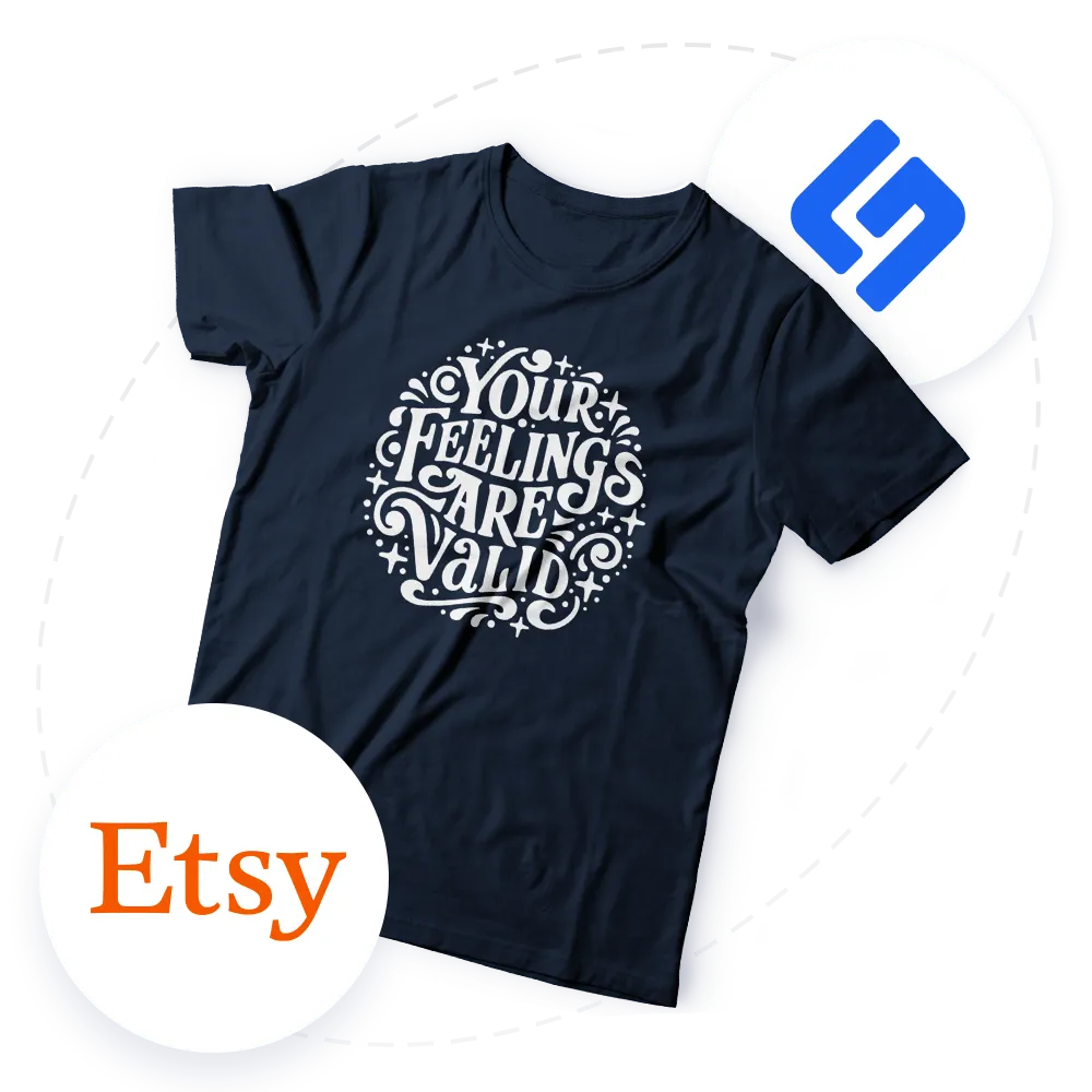 Black T-shirt with white text design that says 'Your feelings are valid' surrounded by decorative dots and stars.