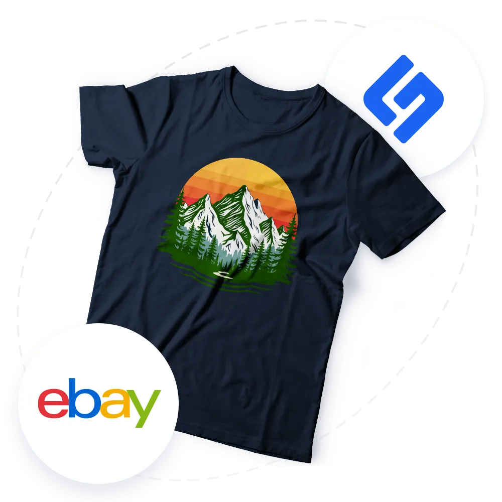 Navy blue t-shirt featuring a graphic of snow-capped mountains, pine trees, and a large orange sun in the background.