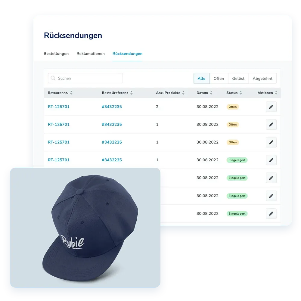 Dark blue baseball cap with white logo, next to a screenshot of return order dashboard.