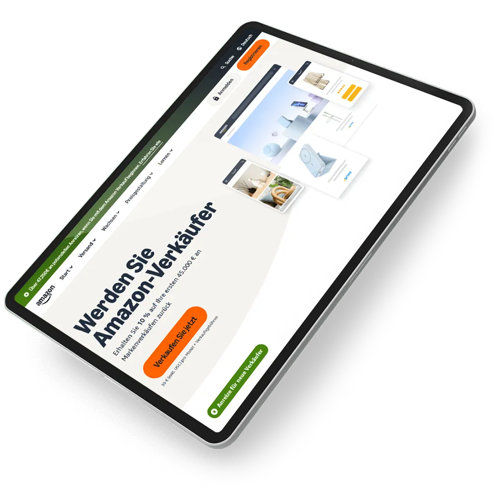 Tablet displaying Amazon seller registration page with German text and product images on screen.