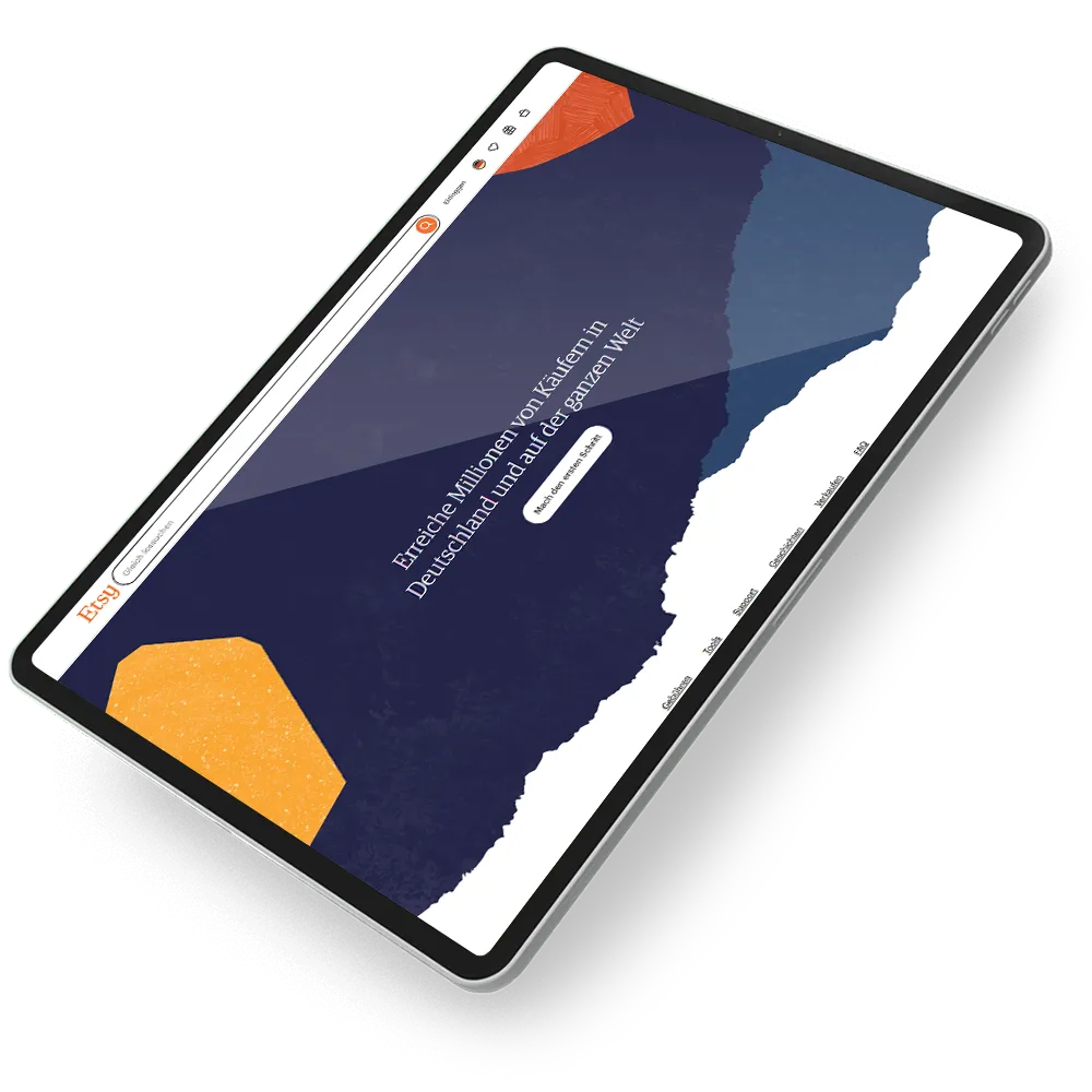 Tablet displaying a website with a blue background and German text on a white background.