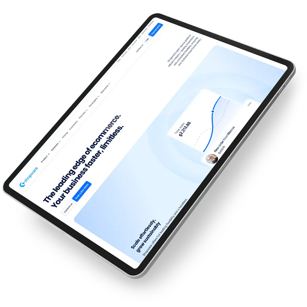 Tablet displaying Shopware ecommerce website on white background with graph and business growth text.