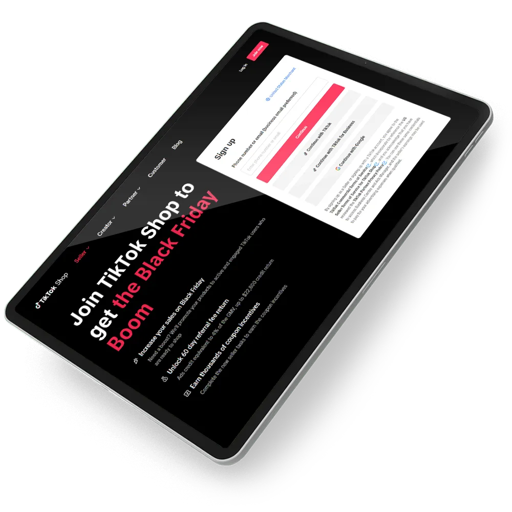 TikTok Shop sign up page on tablet for Black Friday promotion and online shopping.