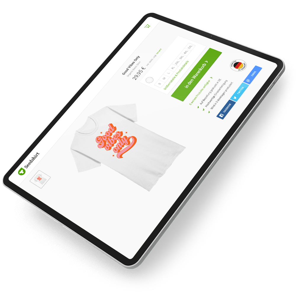 T-shirt product page on a tablet with orange graphic and German website interface on white background.