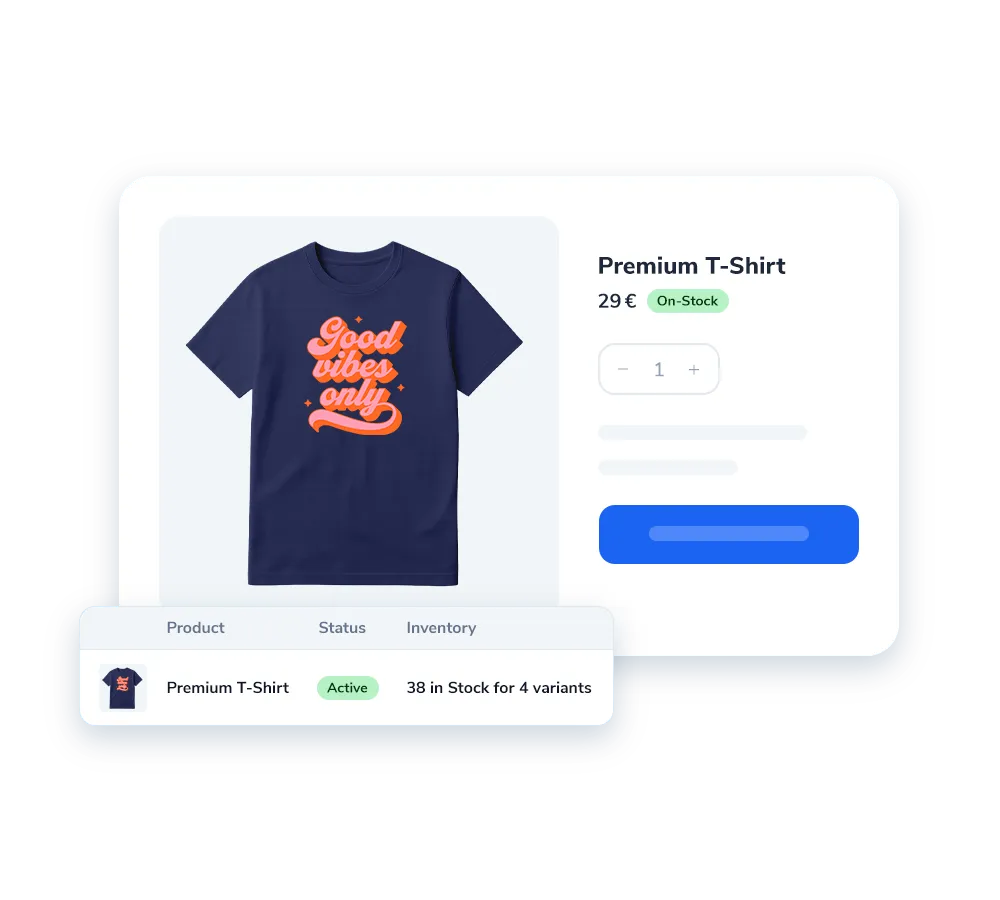 Navy blue T-shirt with 'Good vibes only' text, priced 29€, showing active stock of 38 items across 4 variants.