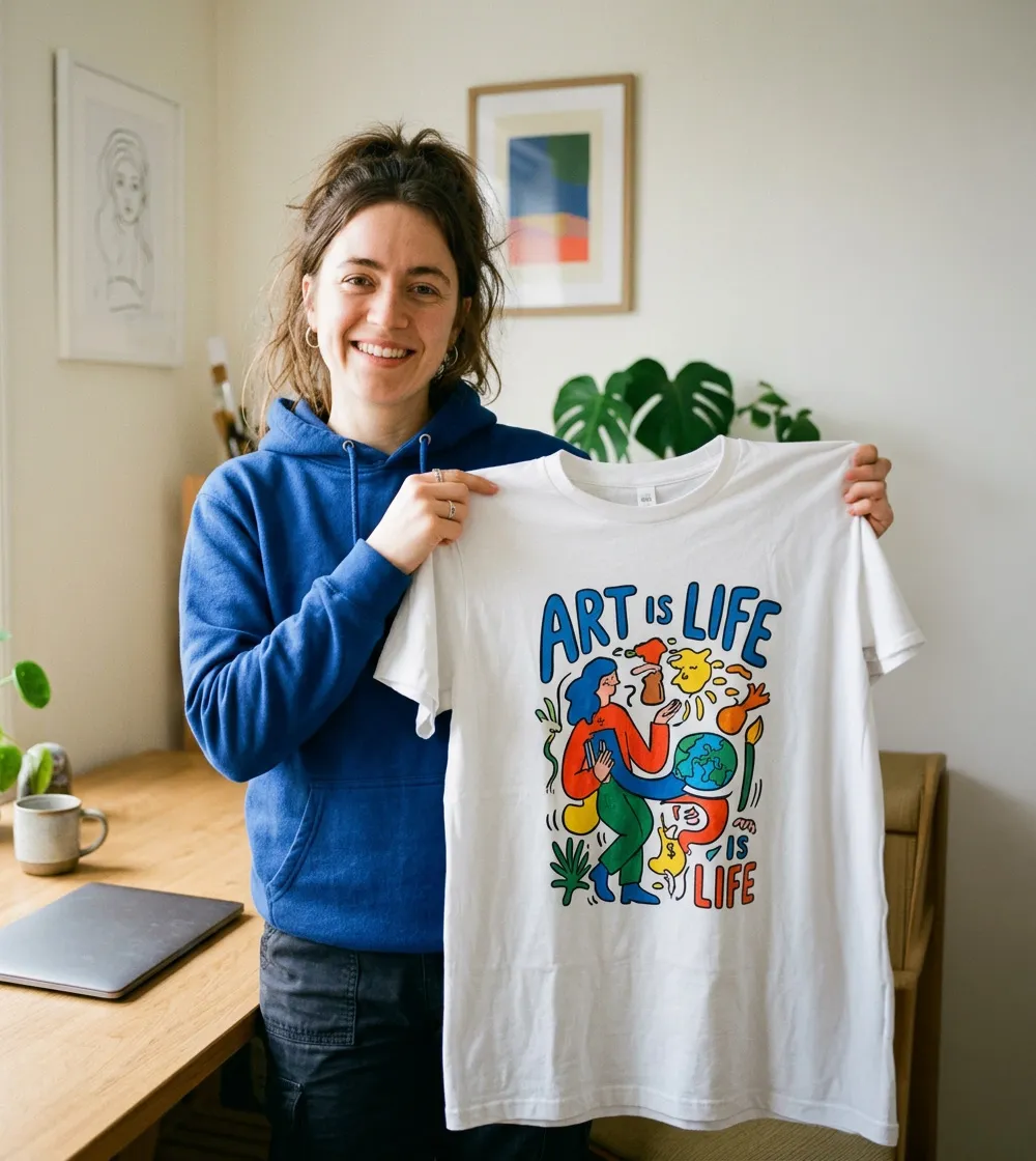 Lächelnde junge Frau im blauen Hoodie hält ein weißes T-Shirt mit buntem, illustriertem Druck in die Kamera.
