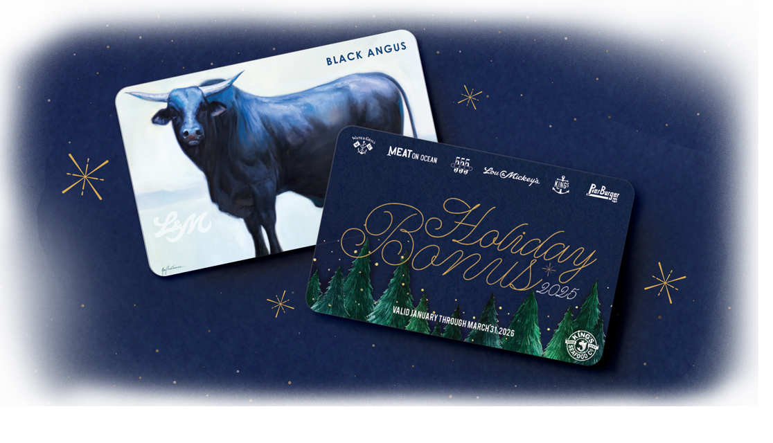 Holiday Bonus Cards - For a limited time, Every $100 gift card purchase includes a $20 Bonus Card!