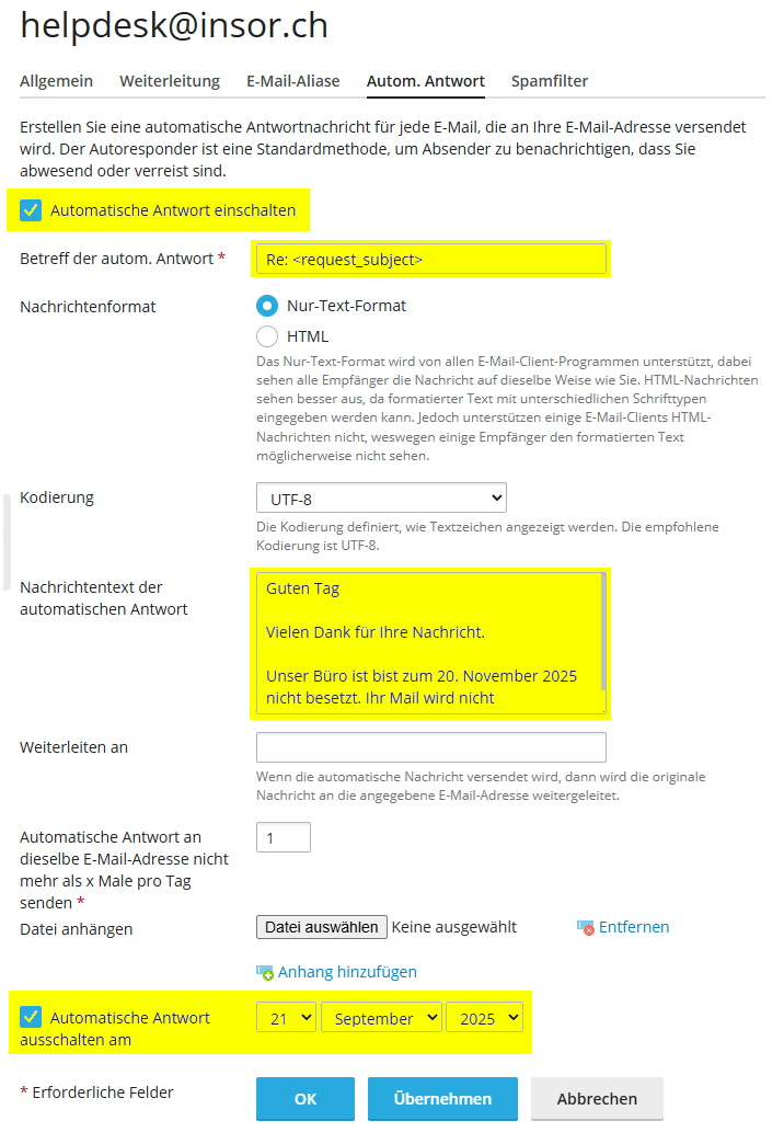 Einstellungen der automatischen Nachricht