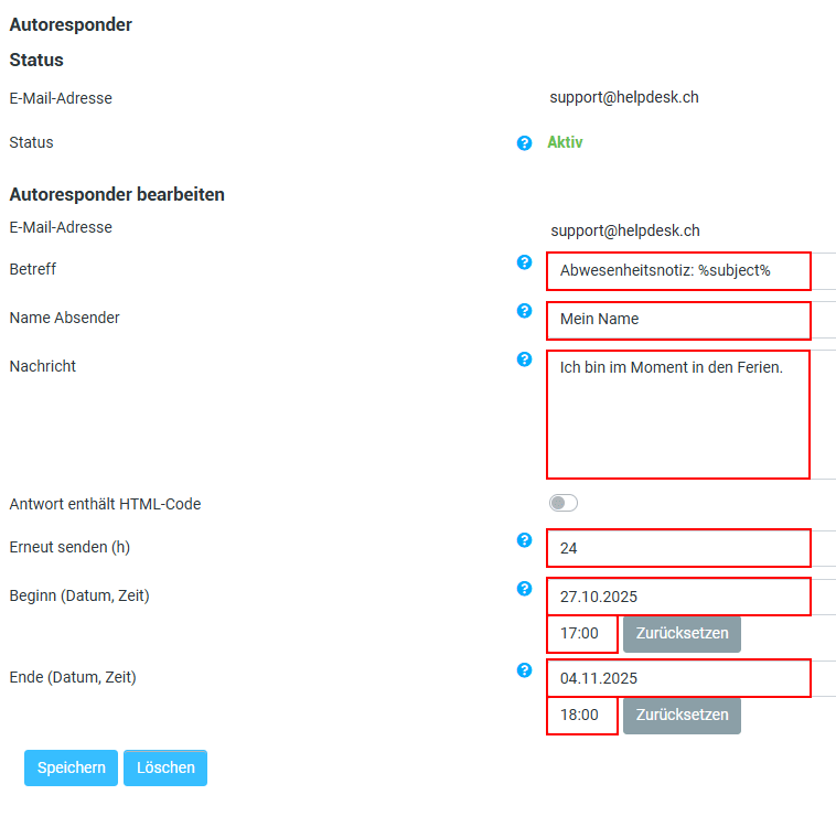 Screenshot zur Einrichtung von Abwesenheitsnachrichten
