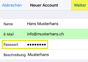 iPhone Mail: Name, E-Mail und Passwort eingeben