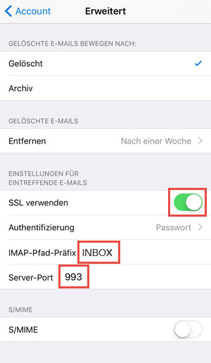 iPhone Mail: IMAP-Pfad und SSL konfigurieren