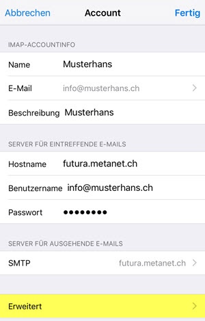 iPhone Mail: Erweiterte Einstellungen öffnen