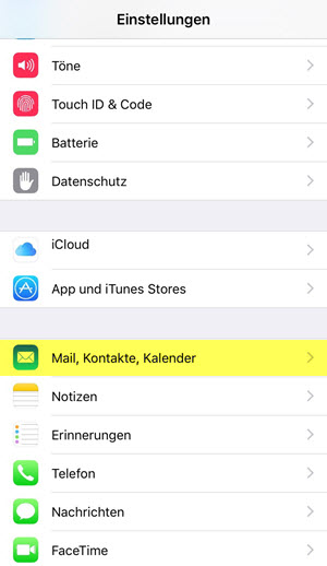 iPhone Einstellungen: Mail auswählen