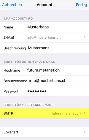 iPhone Mail: SMTP-Einstellungen öffnen