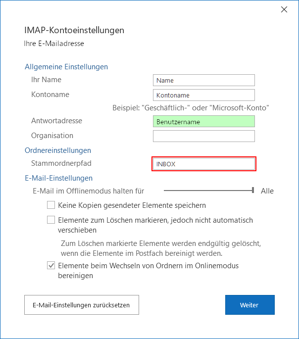 Outlook 2019: Stammordnerpfad INBOX eintragen