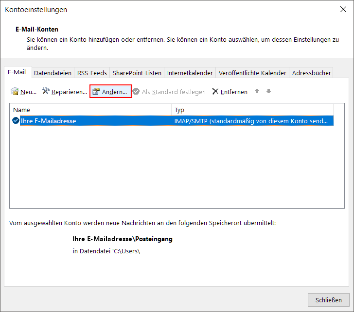 Outlook 2019: Kontoeinstellungen öffnen und Konto ändern