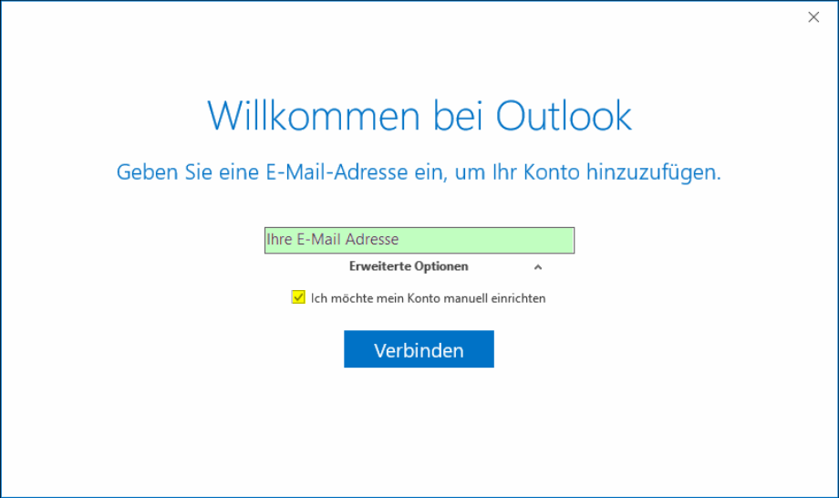 Outlook 2019: E-Mail-Adresse eingeben und manuelles Einrichten wählen