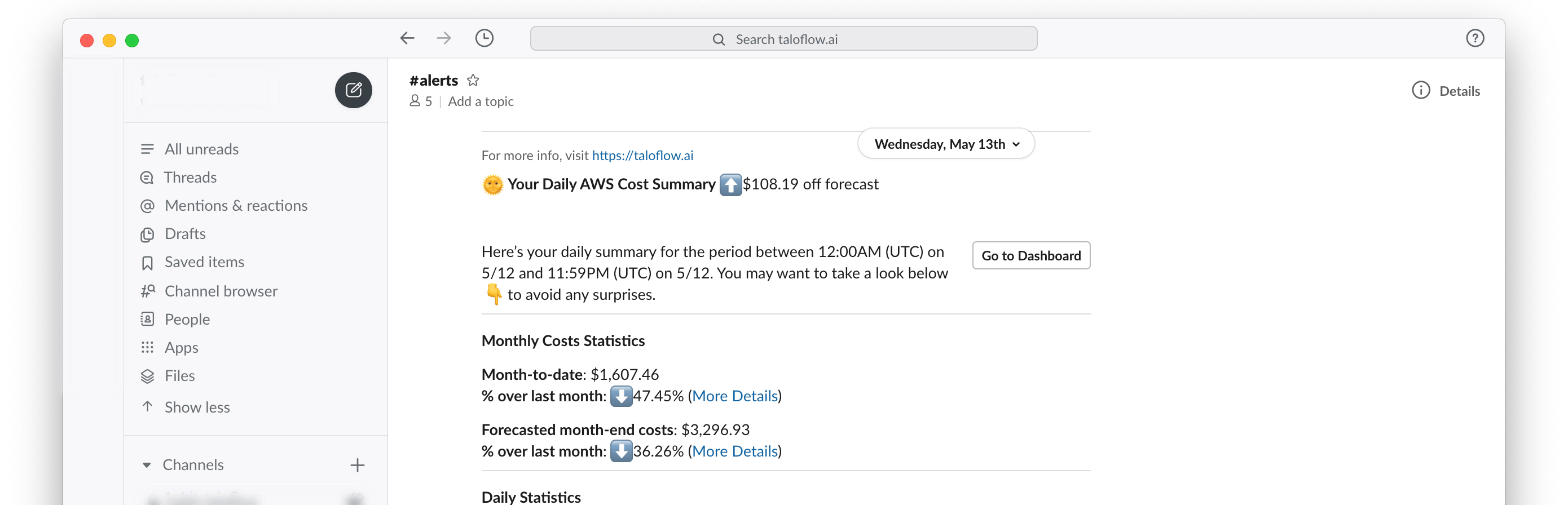 Taloflow Tim Daily AWS Cost Summary on Slack