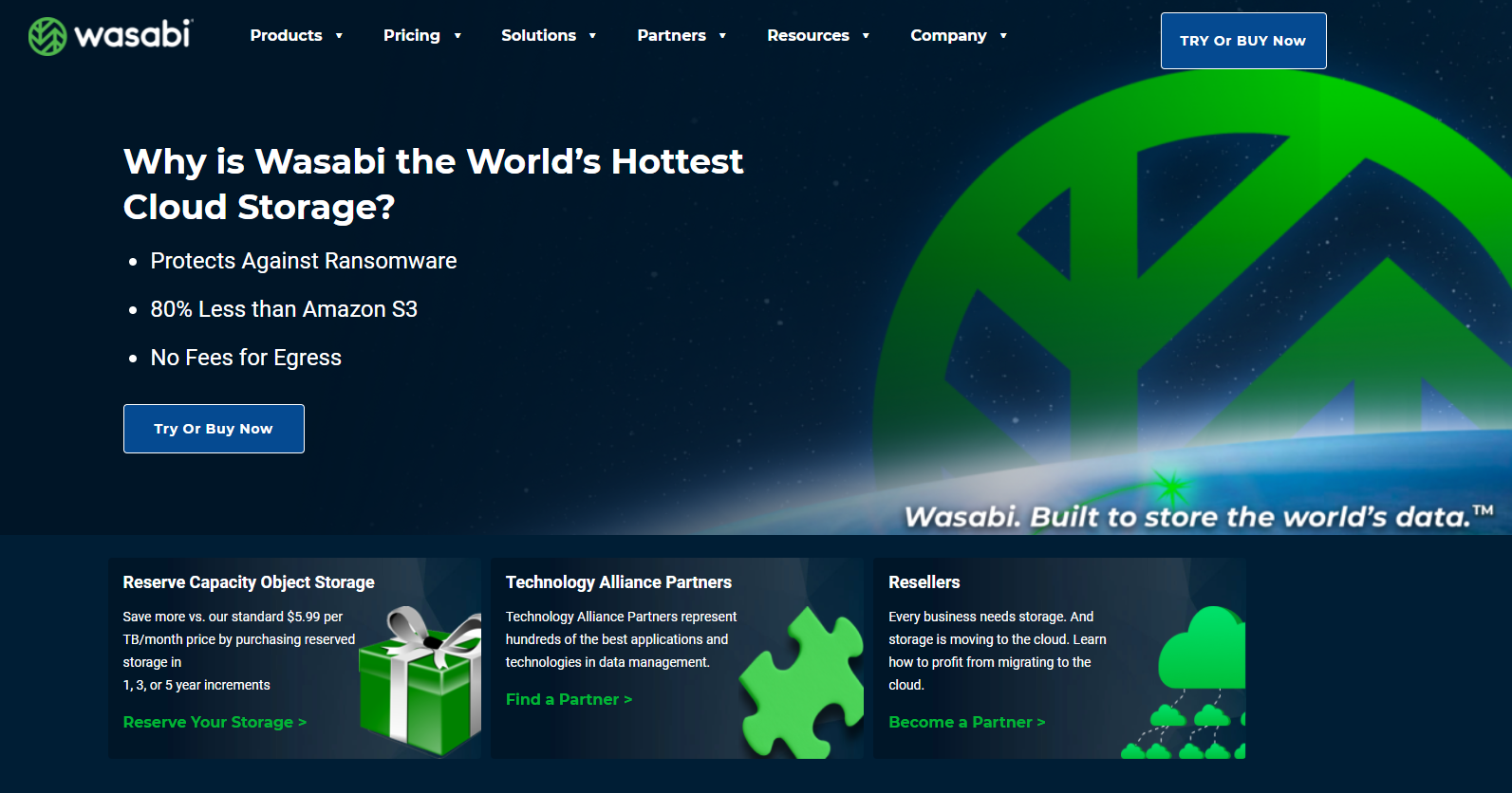 Wasabi hot cloud storage home page