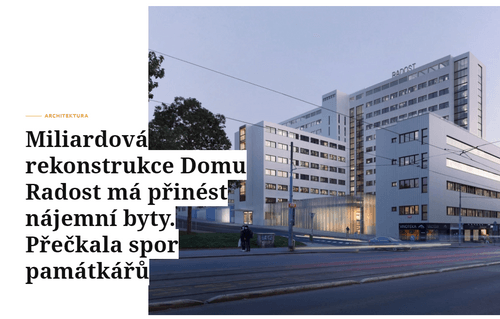Miliardová rekonstrukce Domu Radost má přinést nájemní byty. Přečkala spor památkářů