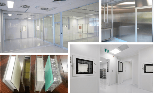 Different modular cleanroom panel materials including aluminum, galvanized steel with uPVC or powder coating, glass, and high-pressure laminate (HPL) for customizable cleanroom construction
