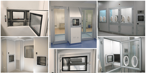 Cleanroom accessories including passthrough boxes, HEPA filters, air diffusers, lighting fixtures, lockers, and step-over benches designed for gowning areas in modular cleanrooms