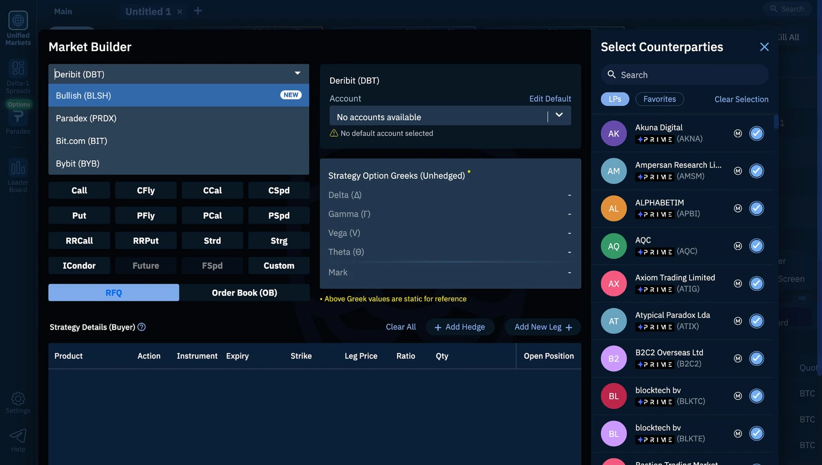 Bullish shown as a settlement venue in the Paradigm dashboard