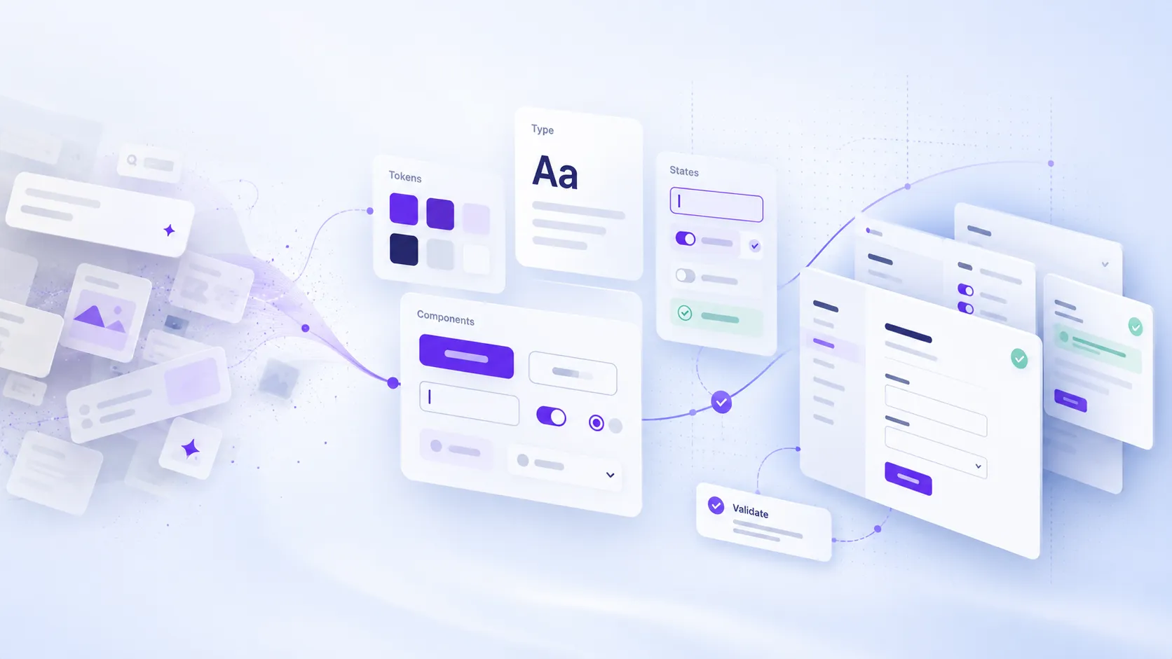 AI-assisted design system evolving from tokens and reusable components into validated product screens.