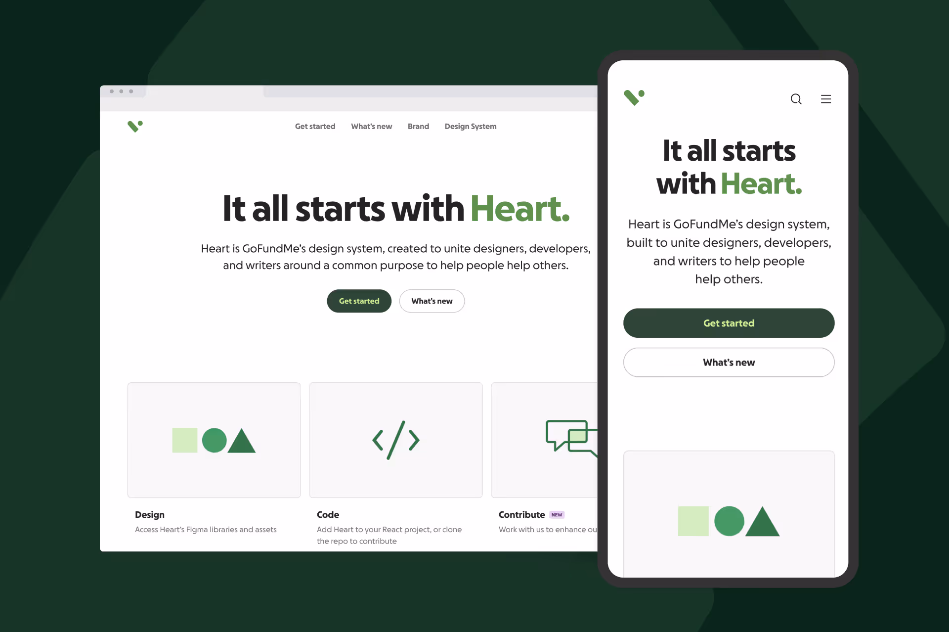 Key screens from the GoFundMe Design System documentation website.
