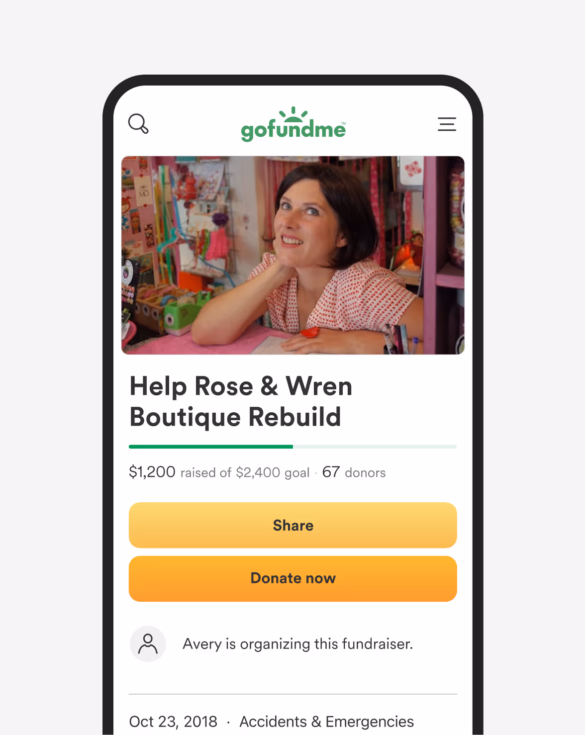 A GoFundMe fundraise web page before the rebrand.