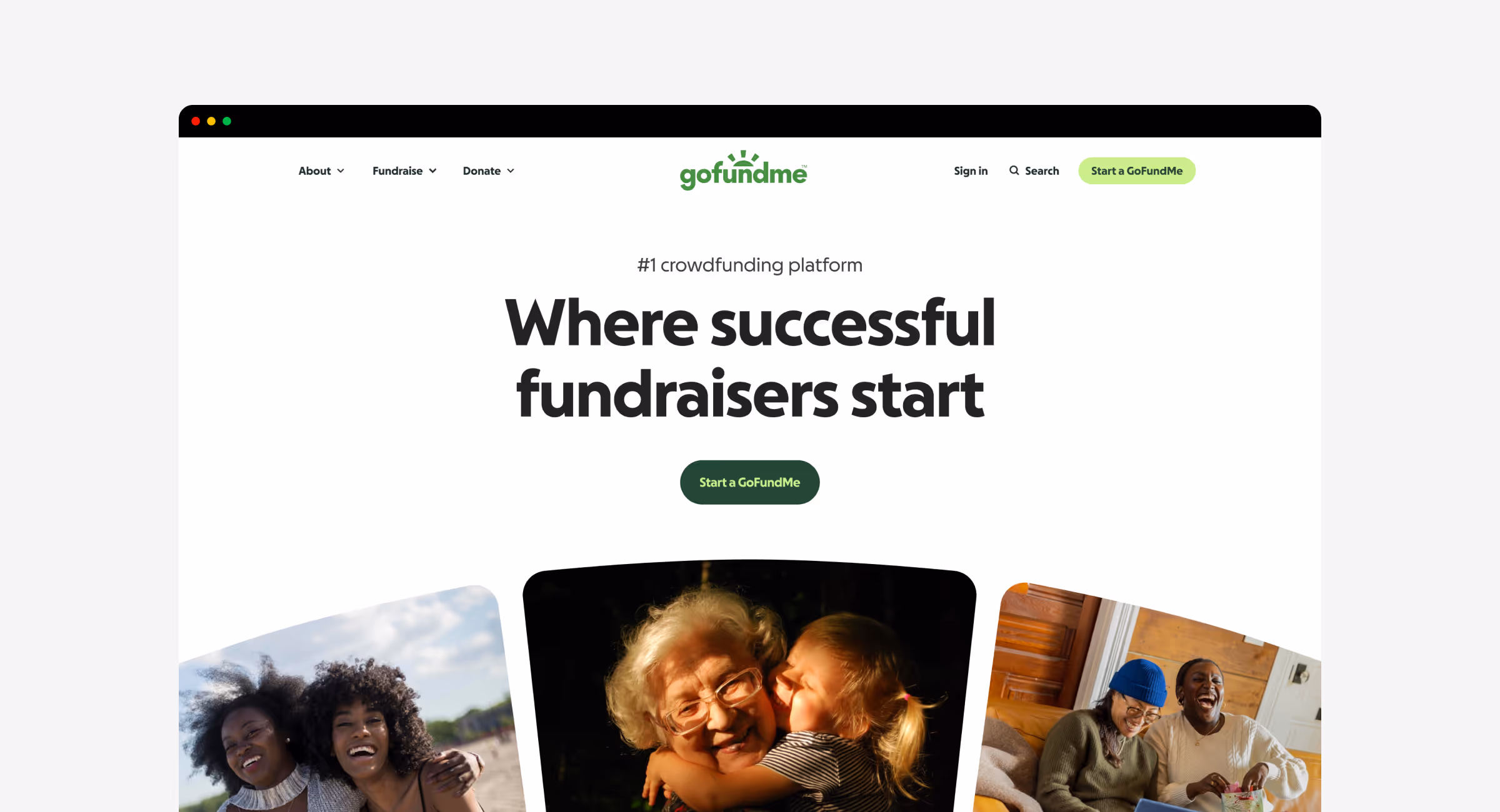 Rebranded GoFundMe homepage.