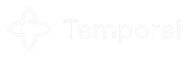 White logo with an oval and vertical oval intersecting, followed by the word 'Temporal' on a black background.