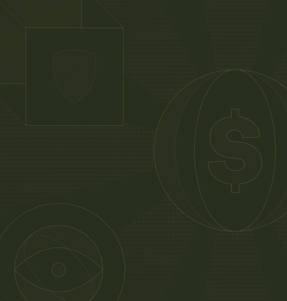 Dark patterned background with outlined symbols including a shield inside a square, an eye inside a circle, and a dollar sign inside a spherical shape, all connected by dotted lines.