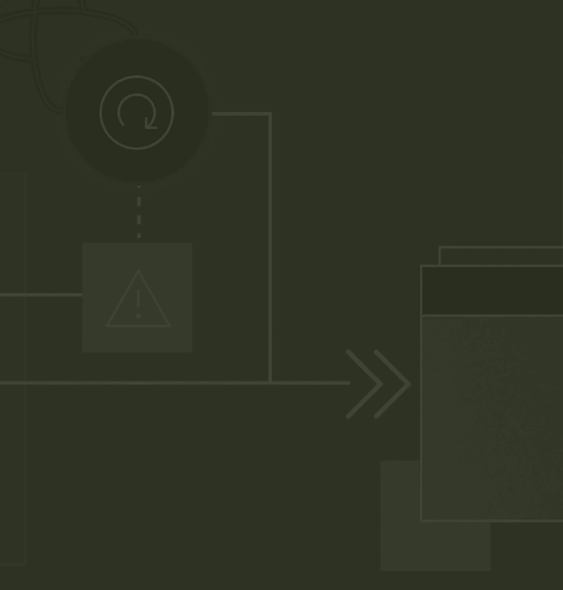 Abstract digital graphic with lines, arrows, circular and triangular warning symbols overlaying a dark wavy background, suggesting flow or process.