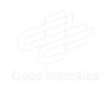 White abstract geometric logo above the text 'Coco Robotics' on a black background.