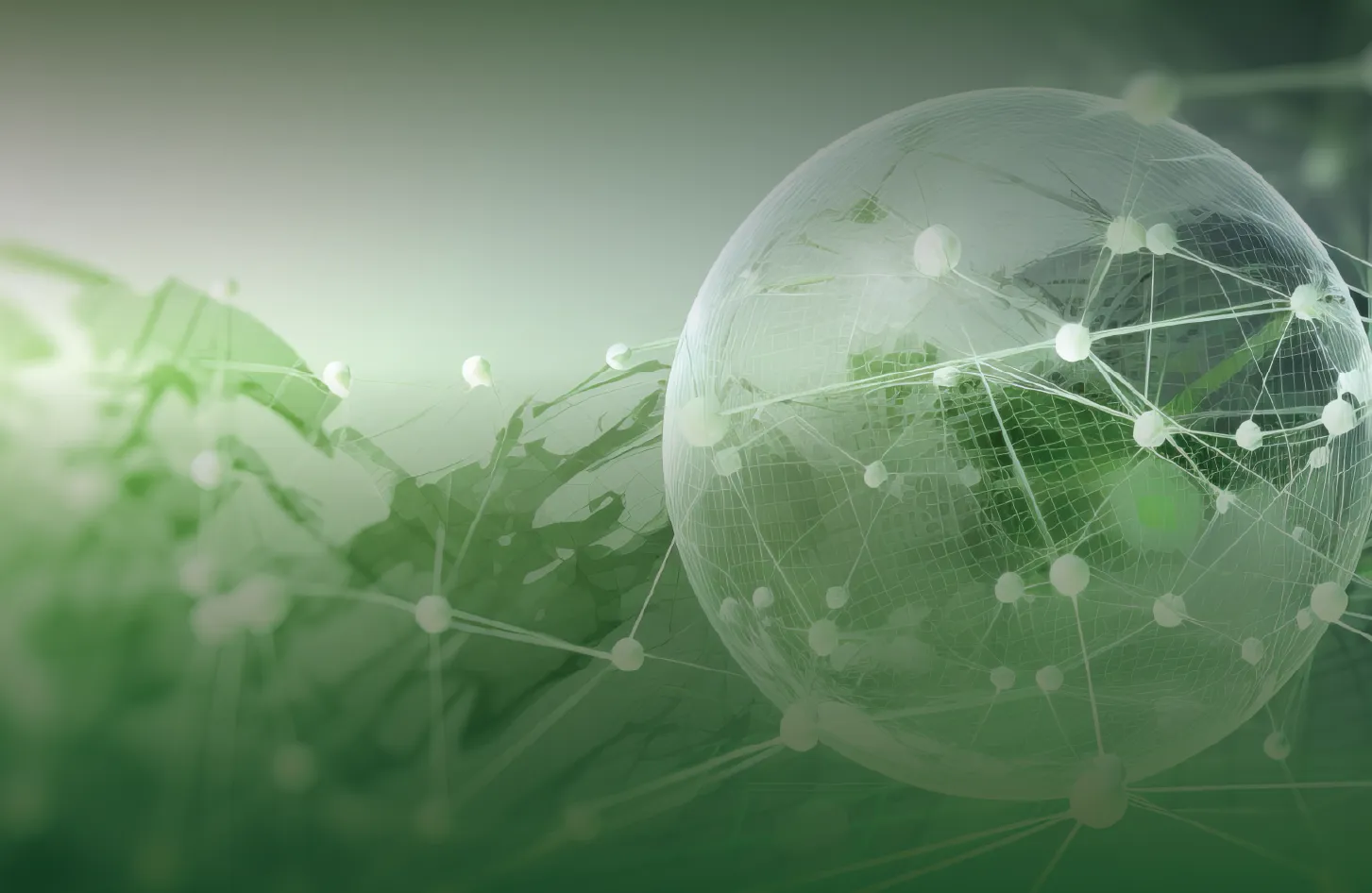 Translucent sphere with interconnected nodes over a green abstract network background.