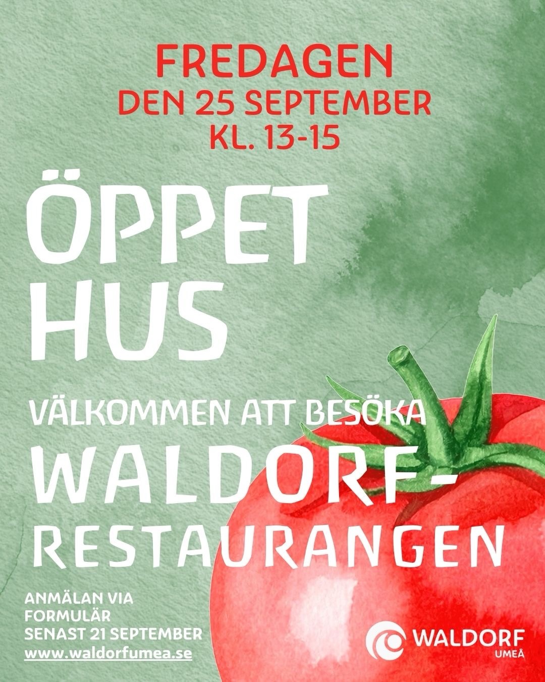 Välkommen på öppet hus i Waldorfrestaurangen. Vår efterlängtade skolrestaurang.
📆 25 september
🕐 kl. 13.00-15.00
🔗 Anmälan och mer info i länk på www.waldorfumea.se
Senast 21 september
📍Umeå Waldorfskola, Sockenvägen 26.
Vi har ”småfirat” vår nya skolrestaurang - Waldorfrestaurangen - nu vid flera tillfällen på skolan. Och ”storfirade” själva bygget för ett år sedan. Det största firandet är dock i sig att eleverna på skolan och barnen i förskolan får den bra och goda maten varje dag.
Men trots mycket firande, ville vi ändå fira lite, lite mer, och ge alla som är nyfikna, en möjlighet att också komma och besöka restaurangen.
Därför bjuder vi in till ett öppet hus med fika och lite uppträdande av elever, i restaurangen.
Ett tillfälle för de som ännu inte har fått möjlighet att besöka restaurangen, eller vill göra det igen. Anmälan krävs.
Välkomna!