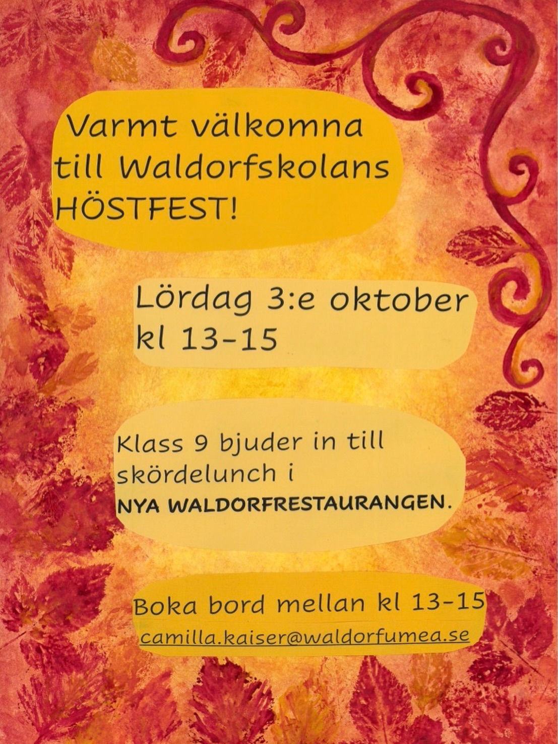 Under höstfesten, bjuder klass 9 på skördelunch i nya restaurangen på skolan.
Boka bord mellan kl. 13-15 genom att maila camilla.kaiser@waldorfumea.se