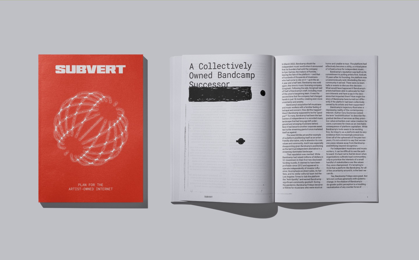 A red-orange book cover with a wire-frame globe-like logo, which reads "SUBVERT. PLAN FOR THE ARTIST-OWNED INTERNET," beside an open book with the title "A Collectively Owned Bandcamp Successor"