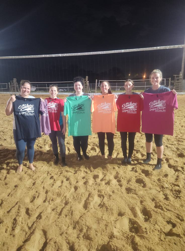 picture of a group of volleyball players wearing the sandbox volleyball logo t-shirts