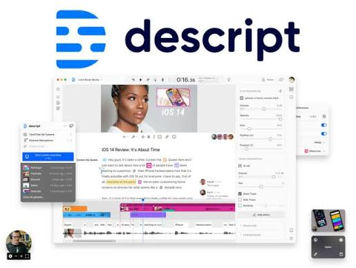 Descript editor with the transcript, video and multitrack timeline