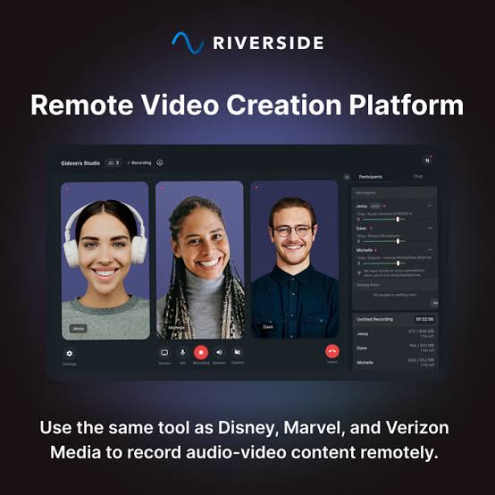 Riverside recording studio with three remote participants