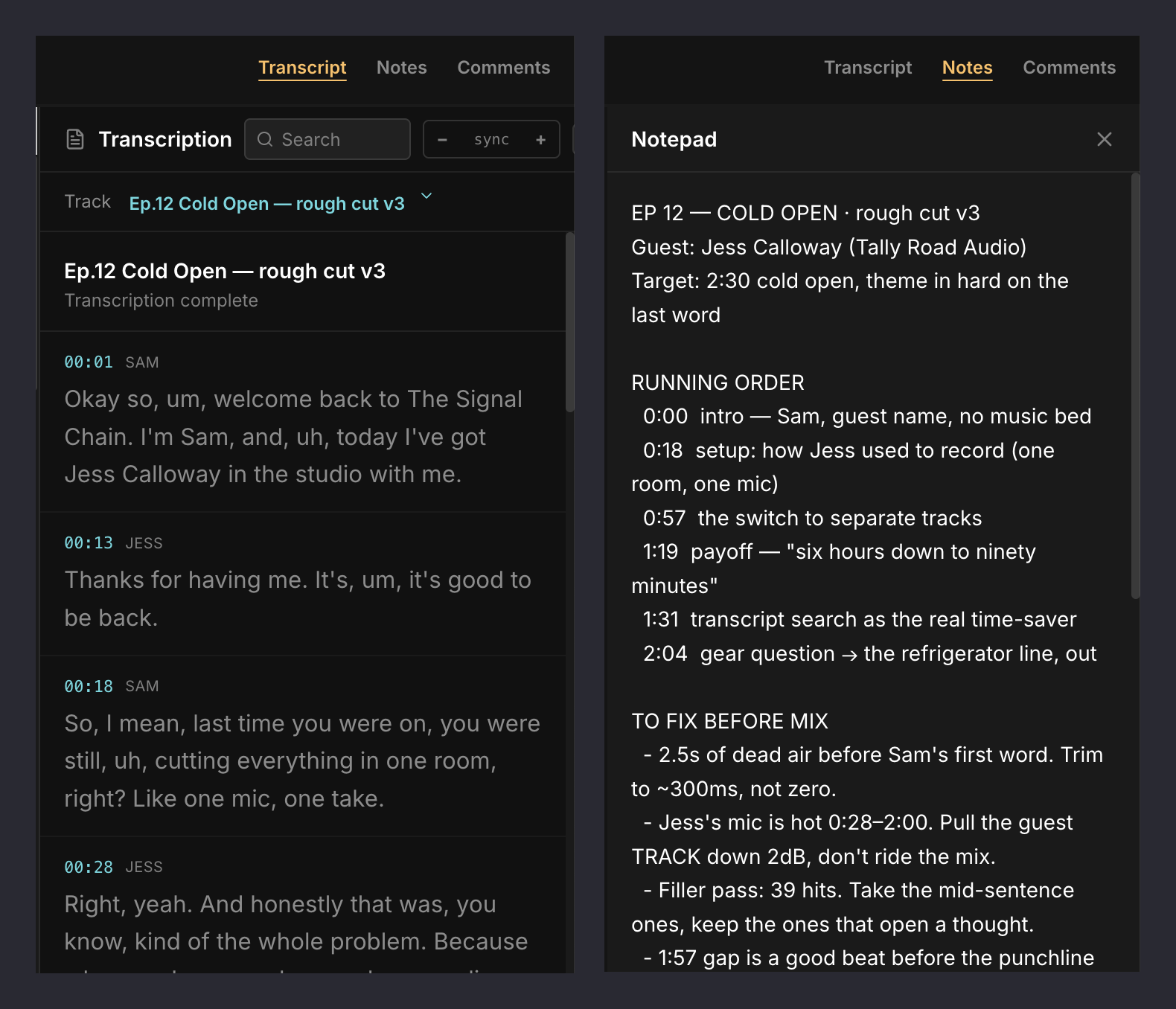 Notetracks transcript with timestamps next to the project notepad holding a podcast running order and fix list