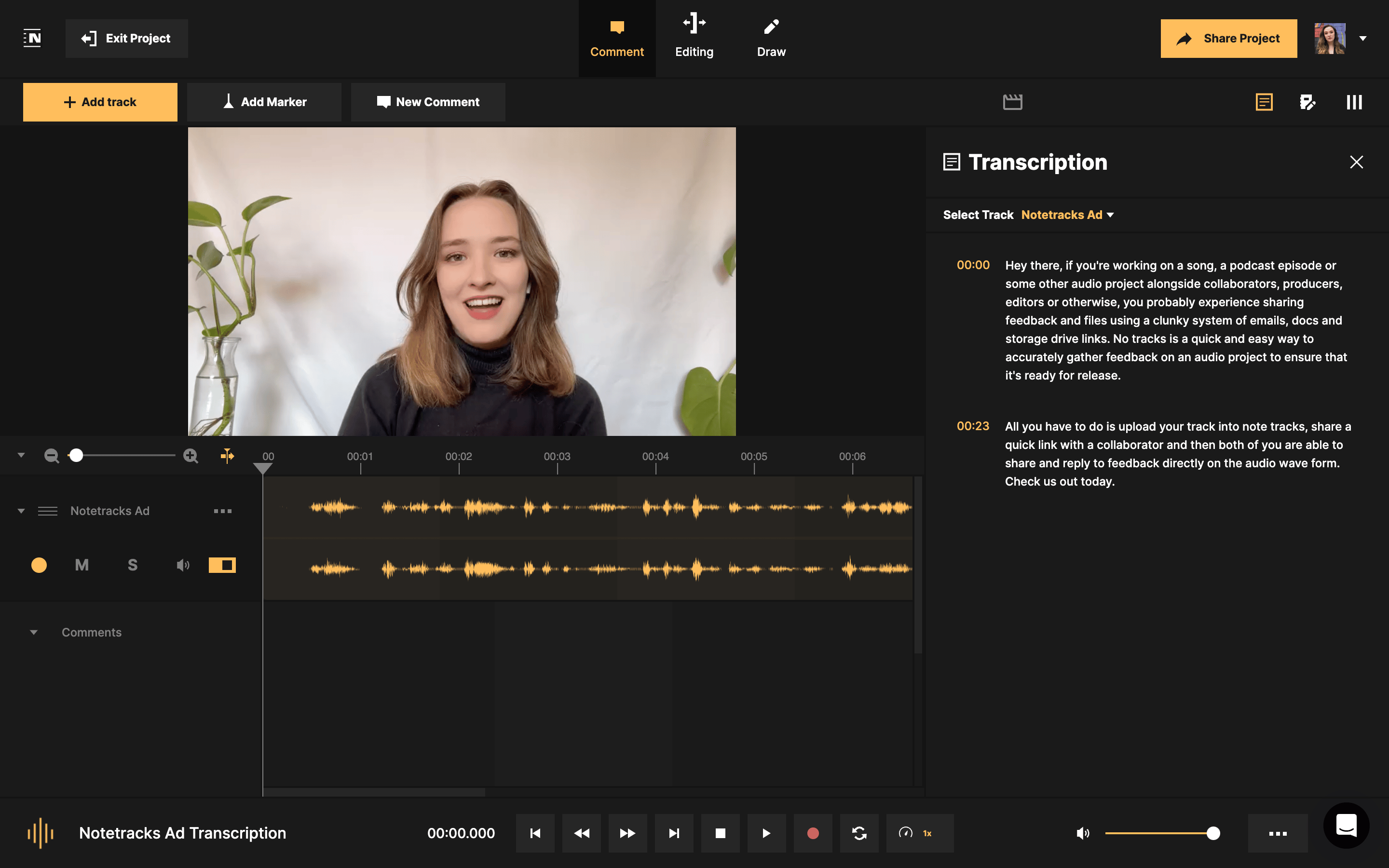 Notetracks transcription panel showing a timestamped transcript next to the video and waveform