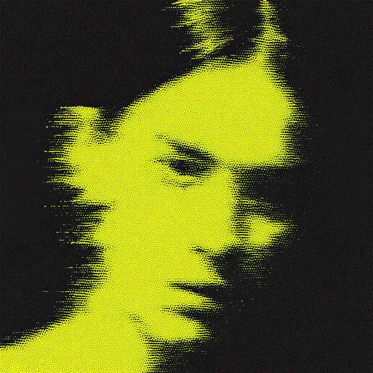 Pixelated yellow and black digital art portrait of a woman with a serious expression.