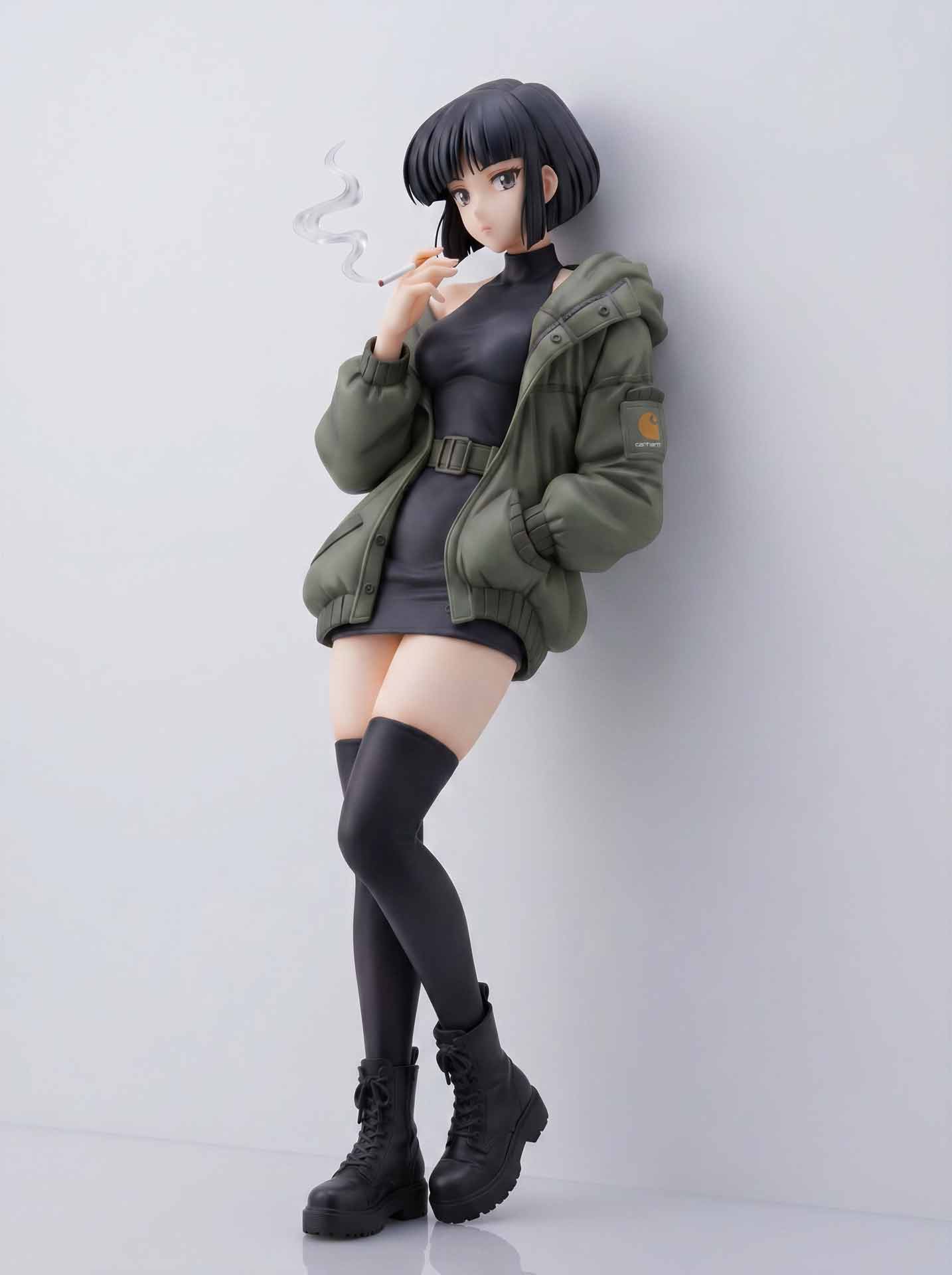 Anime-style female figure with short black hair wearing a black dress, green jacket, thigh-high black stockings, and black boots, holding a lit cigarette.
