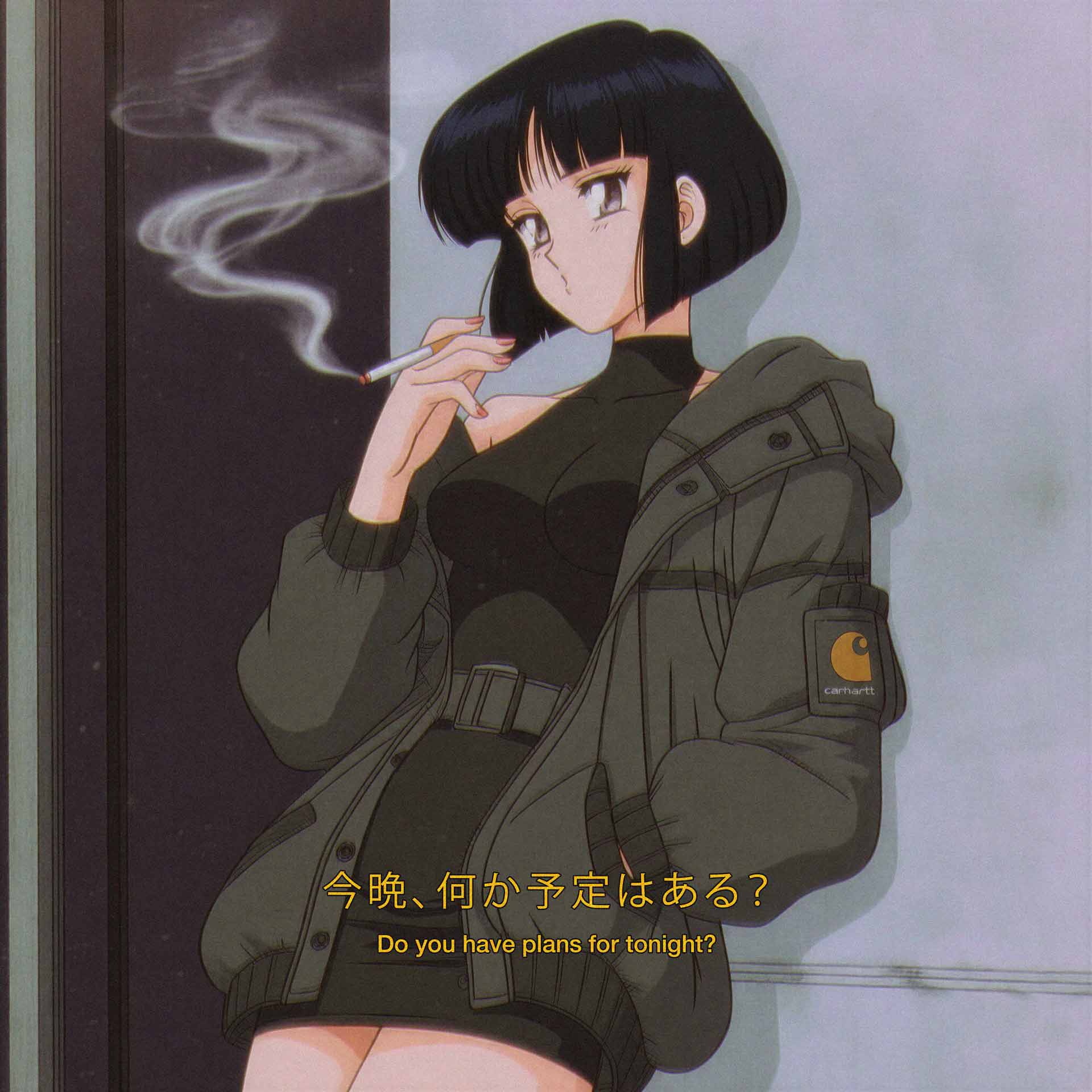 Anime-style woman with short black hair, wearing a black dress and oversized jacket, smoking a cigarette with Japanese and English text asking 'Do you have plans for tonight?'
