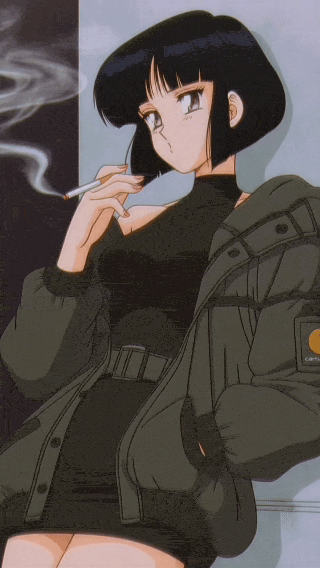 Anime-style woman with short black hair wearing a black dress and jacket, holding a lit cigarette with smoke rising.