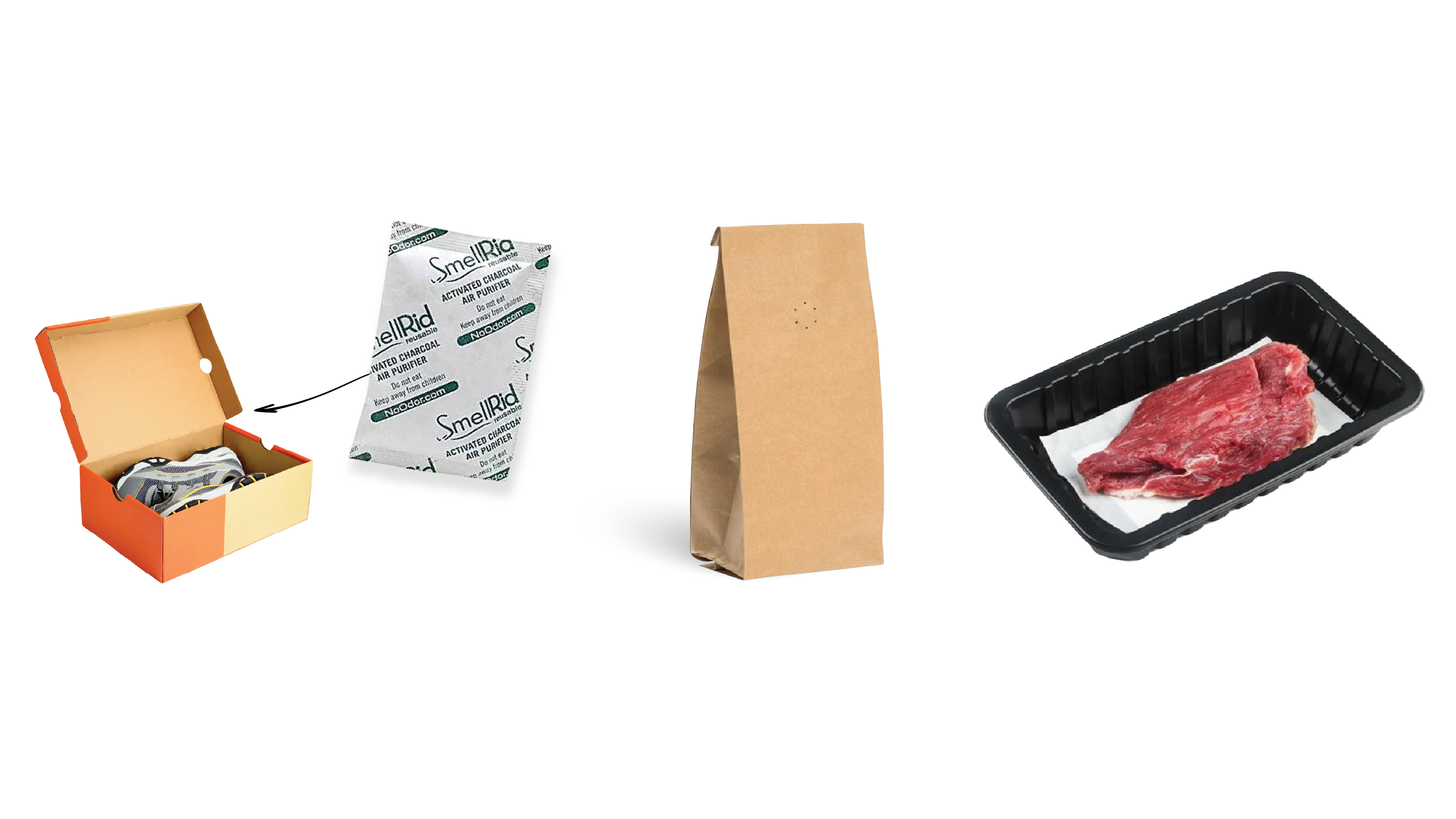 Three distinct examples of common active packaging: a functional charcoal packet for athletic shoes, a specialized barrier pouch for coffee, and an absorbent pad in a tray of raw meat.